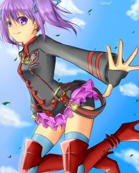 Rule 34 | 1girl, armored boots, bike shorts, black shorts, blue ribbon, blue sky, blue thighhighs, boots, cloud, d.gray-man, day, earrings, fingerless gloves, fj81l, gloves, grey jacket, hair between eyes, hair ribbon, hair tie in mouth, high heel boots, high heels, highres, jacket, jewelry, jumping, layered skirt, legs up, lenalee lee, long sleeves, microskirt, military jacket, mouth hold, outdoors, pleated skirt, purple eyes, purple hair, purple skirt, red footwear, ribbon, short shorts, shorts, shorts under skirt, side ponytail, skirt, sky, smile, solo, thighhighs