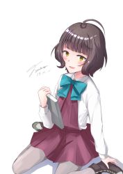 Rule 34 | 1girl, ahoge, aqua neckwear, bad id, bad pixiv id, blunt bangs, book, brown eyes, brown hair, commentary request, dress, full body, grey pantyhose, highres, kantai collection, kishinami (kancolle), long sleeves, looking at viewer, misaki yunosu, open mouth, pantyhose, pleated dress, purple dress, school uniform, seamed legwear, shirt, short hair, side-seamed legwear, signature, simple background, sitting, smile, solo, wariza, wavy hair, white background, white shirt