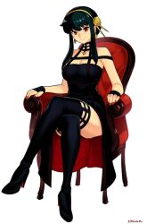 Rule 34 | 1girl, bare shoulders, boots, breasts, cleavage, collarbone, crossed legs, dress, fingerless gloves, gloves, gold hairband, hairband, high heels, highres, large breasts, long hair, red eyes, red nails, sitting, smgold, solo, spy x family, strapless, strapless dress, thigh boots, yor briar