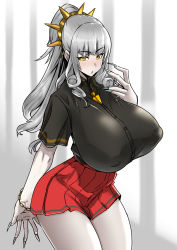 Rule 34 | 1girl, :o, absurdres, alternate costume, black shirt, blunt bangs, breasts, carmilla (fate), collared shirt, commentary request, covered erect nipples, dress shirt, fate/grand order, fate (series), fingernails, grey hair, high ponytail, highres, huge breasts, long fingernails, long hair, looking at viewer, miniskirt, pale skin, parted lips, pleated skirt, ponytail, red skirt, school uniform, sharp fingernails, shirt, short sleeves, sidelocks, skirt, solo, standing, thighs, uc (91776165), uniform, yellow eyes, yellow neckwear
