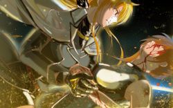 Rule 34 | 2girls, absurdres, blonde hair, blood, carrying, closed eyes, couple, crying, fate testarossa, fate testarossa (impulse form), flying, highres, injury, long hair, looking at another, lyrical nanoha, mahou shoujo lyrical nanoha, mahou shoujo lyrical nanoha detonation, multiple girls, open mouth, orange hair, ossan jololol, princess carry, red eyes, space, spoilers, takamachi nanoha, tears