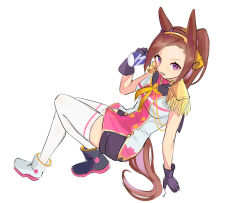 Rule 34 | 1girl, absurdres, animal ears, arm support, asymmetrical footwear, black footwear, boots, breasts, brown hair, can, epaulettes, gloves, hairband, highres, holding, holding can, horse ears, horse girl, horse tail, invisible chair, long hair, looking at viewer, mismatched footwear, neckerchief, open mouth, ponytail, purple eyes, purple gloves, sakura bakushin o (umamusume), short shorts, shorts, simple background, sitting, sleeveless, sleeveless jacket, small breasts, smile, solarisyuri!, solo, tail, thighhighs, umamusume, white background, white footwear, white thighhighs, yellow neckerchief