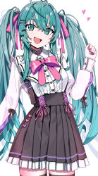 Rule 34 | 1girl, :d, absurdres, aqua eyes, aqua hair, black collar, black nails, black skirt, black thighhighs, blush, bow, bowtie, collar, commentary, hair ribbon, hatsune miku, heart, heart collar, highres, long hair, long sleeves, looking at viewer, morumoru x, nail polish, open mouth, pink bow, pink bowtie, pink ribbon, ribbon, shirt, simple background, skirt, smile, solo, thighhighs, thighs, twintails, vocaloid, white background, white shirt, zettai ryouiki
