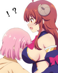 Rule 34 | !?, 2girls, absurdres, ahoge, bare shoulders, between breasts, breasts, brown hair, chiyoda momo, curled horns, detached sleeves, face between breasts, from side, hair ornament, hairclip, head between breasts, highres, horns, large breasts, long hair, long sleeves, machikado mazoku, multiple girls, no bra, open mouth, poa mellhen, profile, revealing clothes, ribbon, sideboob, simple background, upper body, white background, yoshida yuuko (machikado mazoku), yuri