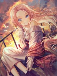 Rule 34 | 1girl, artist name, bird, blonde hair, blue eyes, bug, butterfly, cloud, day, forehead, highres, insect, long hair, looking at viewer, original, outdoors, shawl, shoes, signature, skirt, sky, smile, solo, sunset, sweater, ye jji