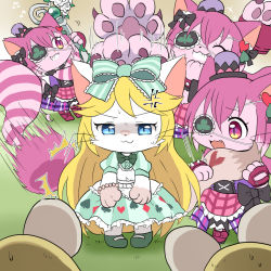 Rule 34 | 2girls, alice (cat busters), artist request, blonde hair, blue eyes, boots, cat, cat busters, cheshire (cat busters), eyepatch, furry, hat, long hair, mini hat, multiple girls, pink hair, short hair
