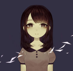 Rule 34 | 1girl, arms at sides, black background, black bra, black hair, blunt bangs, bra, collarbone, expressionless, looking at viewer, muted color, original, puffy short sleeves, puffy sleeves, sasasasa, short sleeves, simple background, solo, swept bangs, underwear, upper body