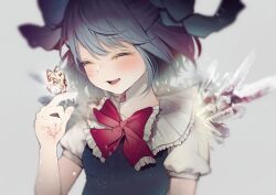 Rule 34 | 1girl, animal, animal on hand, blouse, blue bow, blue dress, blue hair, blue ribbon, blurry, blush, bow, bowtie, breasts, bug, butterfly, butterfly on hand, chromatic aberration, cirno, closed eyes, collarbone, commentary request, dress, dress shirt, frilled bow, frilled bowtie, frilled shirt collar, frills, frozen, glowing butterfly, grey background, hair bow, hand up, happy, highres, ice, ice wings, insect, light particles, lips, monarch butterfly, open mouth, puffy short sleeves, puffy sleeves, red bow, red bowtie, red ribbon, ribbon, shiori (moechin), shirt, short hair, short sleeves, sidelocks, small breasts, smile, snowflakes, touhou, upper body, white shirt, wing collar, wings