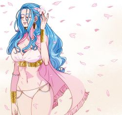 Rule 34 | 1girl, beads, bikini, blue hair, bracelet, breasts, cleavage, closed eyes, curvy, earrings, female focus, flower, gradient background, hair flower, hair ornament, jewelry, large breasts, long hair, millorart, navel, nefertari vivi, one piece, petals, piercing, princess, shawl, solo, stomach, swimsuit, thick thighs, thighs
