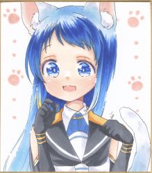 Rule 34 | 1girl, animal ear fluff, animal ears, bare shoulders, black gloves, black neckerchief, blue eyes, blue hair, blush, cat day, cat ears, cat tail, commentary request, elbow gloves, gloves, gradient hair, highres, kantai collection, kemonomimi mode, long hair, looking at viewer, marker (medium), multicolored hair, neckerchief, open mouth, paw pose, sailor collar, samidare (kancolle), school uniform, serafuku, shirt, simple background, sleeveless, sleeveless shirt, smile, solo, swept bangs, tail, traditional media, upper body, very long hair, yuuki chima