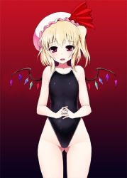 Rule 34 | 1girl, :o, asymmetrical hair, blonde hair, blush, cowboy shot, crystal, female focus, flandre scarlet, flat chest, gluteal fold, gradient background, hat, hat ribbon, highleg, highleg swimsuit, ishimiso (ishimura), looking at viewer, one-piece swimsuit, one side up, open mouth, own hands together, pink eyes, red eyes, ribbon, short hair, side ponytail, simple background, solo, standing, swimsuit, touhou, wings