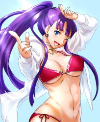 Rule 34 | 1girl, ;d, alternate hairstyle, aoba (smartbeat), arm up, bikini, blue background, blue eyes, breasts, choker, cleavage, cross, earrings, fate/grand order, fate (series), hair over shoulder, jacket, jewelry, large breasts, long hair, looking at viewer, navel, one eye closed, open clothes, open jacket, open mouth, pink bikini, pinky out, pointing, pointing at viewer, ponytail, purple hair, red bikini, martha (fate), side-tie bikini bottom, smile, solo, swimsuit, very long hair