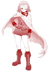 Rule 34 | 1girl, ;), bandaid, bandaid on face, bandaid on nose, bandana, belt, boots, cape, closed mouth, commentary, fingerless gloves, full body, girls und panzer, gloves, halftone, hand on own hip, highres, jacket, long sleeves, looking at viewer, medium hair, military, military uniform, miniskirt, monochrome, one eye closed, pleated skirt, red theme, rosehip (girls und panzer), sam browne belt, scar, scar on face, scar on forehead, skirt, skull and crossbones, smile, socks, solo, st. gloriana&#039;s military uniform, standing, torn cape, torn clothes, uniform, yoyokkun, zipper