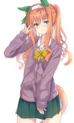Rule 34 | 1girl, absurdres, alternate hairstyle, animal ears, bow, bowtie, brown hair, cardigan, commentary request, ear covers, green eyes, green skirt, gyaru, hairband, highres, horse ears, horse girl, horse tail, long hair, looking at viewer, loose bowtie, miniskirt, orange hair, pandoa (mikage0495), pleated skirt, purple nails, silence suzuka (umamusume), skirt, solo, tail, twintails, umamusume, v, white background