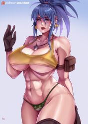 Rule 34 | 1girl, abs, arm pouch, blue eyes, blue hair, breasts, camouflage, camouflage panties, crop top, dog tags, earrings, gloves, jewelry, kachima, large breasts, leona heidern, muscular, muscular female, navel, no pants, panties, ponytail, soldier, solo, sports bra, tank top, the king of fighters, the king of fighters xv, thick thighs, thighs, toned, triangle earrings, underwear, yellow tank top