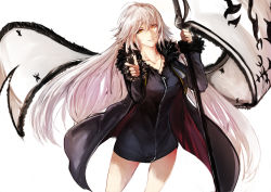 Rule 34 | 1girl, banner, black cape, black dress, cape, cowboy shot, dress, fate/grand order, fate (series), floating hair, fur trim, highres, holding, holding weapon, index finger raised, jeanne d&#039;arc (fate), jeanne d&#039;arc alter (avenger) (fate), jeanne d&#039;arc alter (fate), jewelry, long hair, necklace, orange eyes, otsunabe (naabe delta), parted lips, short dress, silver hair, simple background, smile, solo, standing, very long hair, weapon, white background