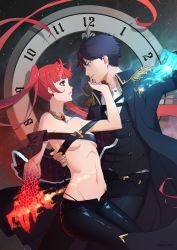 Rule 34 | 1boy, 1girl, asymmetrical arms, bare arms, bare shoulders, belt, black hair, blue eyes, breasts, capelet, clock, couple, demon girl, demon horns, earrings, epaulettes, eye contact, face-to-face, fire, formal, hetero, highres, horns, hug, jewelry, long hair, looking at another, magic, midriff, navel, neck, necklace, original, pants, red eyes, red hair, rekaerb maerd, revealing clothes, short hair, small breasts, uniform, very long hair