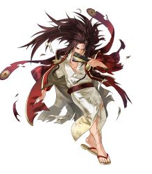 Rule 34 | 1boy, brown eyes, brown hair, fire emblem, fire emblem fates, fire emblem heroes, full body, hand fan, highres, injury, japanese clothes, kimono, kita senri, long hair, male focus, nintendo, official alternate costume, official art, ponytail, ryoma (fire emblem), sandals, solo, torn clothes, transparent background