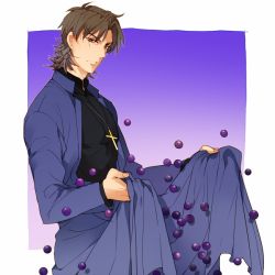 Rule 34 | 1boy, brown eyes, brown hair, cross, cross necklace, fate/stay night, fate (series), food, fruit, grapes, jewelry, kotomine kirei, looking at viewer, male focus, necklace, pinki (shounenkakuseiya), priest, solo