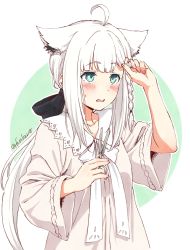 Rule 34 | 1girl, absurdres, ahoge, alternate hairstyle, animal ears, black ribbon, blue eyes, blunt bangs, blush, braid, breasts, commentary, cutting hair, cutting own hair, dress, ears down, fox ears, fuusuke (fusuke208), grey dress, hair ribbon, highres, holding, holding own hair, holding scissors, hololive, light blue background, long hair, looking up, neck ribbon, official alternate costume, open mouth, ponytail, ribbon, scissors, shirakami fubuki, shirakami fubuki (street), side braid, sidelocks, simple background, single braid, small breasts, solo, sweatdrop, twitter username, upper body, virtual youtuber, white background, white ribbon