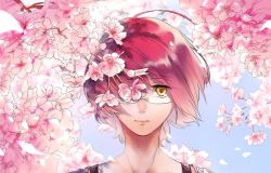 Rule 34 | 10s, 1boy, cherry blossoms, closed mouth, glasses, gowther, male focus, microphone, nanatsu no taizai, pink hair, solo, yellow eyes