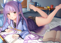 Rule 34 | 1girl, alarm clock, ass, bachibachi (tisen), bag of chips, bare legs, barefoot, bed, black panties, blue kimono, blue ribbon, blunt bangs, blush, book, bottle, brown eyes, chips (food), clock, commentary request, food, hair ribbon, highres, indoors, japanese clothes, kimono, kyoka (princess connect!), legs up, long hair, long sleeves, lying, on bed, on stomach, open book, open mouth, painttool sai (medium), panties, pointy ears, potato chips, princess connect!, purple hair, ribbon, sleeves past wrists, soles, solo, sweat, table, twintails, underwear, v-shaped eyebrows, very long hair, water bottle, wide sleeves