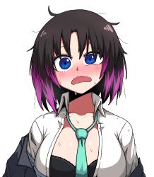 Rule 34 | 1girl, black bra, black hair, blouse, blue eyes, blush, bra, breasts, cleavage, collarbone, collared shirt, elma (maidragon), fang, formicid, green necktie, kobayashi-san chi no maidragon, large breasts, looking at viewer, messy hair, multicolored hair, necktie, open clothes, open mouth, open shirt, purple hair, shirt, short hair, simple background, skin fang, solo, sweat, underwear, upper body, white background, white shirt