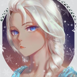 Rule 34 | 1girl, absurdres, blonde hair, blue eyes, closed mouth, dress, elsa (frozen), frozen (disney), highres, jewelry, looking at viewer, necklace, nose, qizhu, snowflakes
