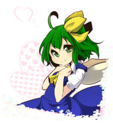Rule 34 | 1girl, ahoge, aki (akikaze asparagus), bow, daiyousei, dress, female focus, green eyes, green hair, hair bow, hands on own chest, heart, heart background, matching hair/eyes, short hair, side ponytail, smile, solo, touhou, upper body, white background, wings