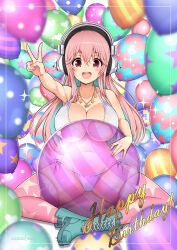 Rule 34 | 1girl, ball, balloon, bare arms, bikini, blurry, blurry foreground, blush, boots, breasts, cleavage, collarbone, colored inner hair, commentary, english commentary, fingernails, green footwear, green hair, guitar necklace, hair between eyes, happy birthday, headphones, heart, heart print, indian style, jewelry, large breasts, lips, long hair, looking at viewer, multicolored hair, nail polish, navel, necklace, nitroplus, open mouth, pink eyes, pink hair, pink nails, pink thighhighs, print thighhighs, side-tie bikini bottom, sitting, smile, solo, sparkle, star (symbol), star necklace, star print, stomach, super sonico, swimsuit, teeth, thighhighs, thighs, two-tone hair, upper teeth only, v, virus-g, white bikini