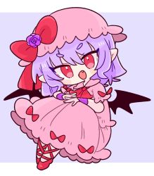 Rule 34 | 1girl, ascot, bat wings, bow, brooch, collared shirt, fang, flower, frilled shirt collar, frilled skirt, frilled sleeves, frills, hat, hat ribbon, highres, jewelry, light purple hair, mary janes, mob cap, op na yarou, pink hat, pink shirt, pink skirt, puffy short sleeves, puffy sleeves, purple background, red ascot, red bow, red eyes, red footwear, red ribbon, remilia scarlet, ribbon, rose, shirt, shoes, short hair, short sleeves, sitting, skirt, skirt set, smile, solo, touhou, white background, white shirt, wings, wrist cuffs