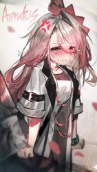 Rule 34 | 1girl, :&lt;, anger vein, arknights, blood, blood on face, blush, bow, clenched hands, closed mouth, coat, commentary request, cowboy shot, gradient background, gradient hair, grey background, grey coat, hair bow, highres, infection monitor (arknights), leaning forward, looking at viewer, multicolored hair, open clothes, open coat, original, petals, pink hair, red bow, red eyes, ribiadan, short sleeves, silver hair, single hair intake, solo, tail, thigh strap