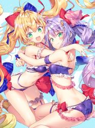 Rule 34 | 2girls, :d, ahoge, alternate costume, alternate hairstyle, armband, ass, azur lane, bandeau, bare legs, bare shoulders, bikini, blonde hair, blue background, blue bow, blush, bow, breasts, bridal garter, butt crack, collarbone, commentary request, cross, cross earrings, duplicate, earrings, feet out of frame, frilled bikini, frills, green eyes, hair bow, hair intakes, hug, jewelry, l&#039;opiniatre (azur lane), l&#039;opiniatre (beachside magician) (azur lane), le temeraire (azur lane), le temeraire (summery temeraire!) (azur lane), long hair, applying manicure, medium breasts, multiple girls, nail polish, navel, open mouth, polka dot, polka dot background, purple bikini, purple hair, red bow, red nails, riichu, sidelocks, small breasts, smile, stomach, strapless, strapless bikini, swimsuit, thigh strap, thighs, twintails, very long hair