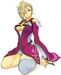 Rule 34 | 1girl, asymmetrical clothes, bare shoulders, blonde hair, blue eyes, breasts, cleavage, cleavage cutout, clothing cutout, detached sleeves, dress, earrings, gensou suikoden, gensou suikoden v, grey thighhighs, hair over one eye, imigimuru, jewelry, large breasts, no bra, short hair, sialeeds falenas, single thighhigh, sitting, solo, thick thighs, thighhighs, thighs