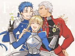 Rule 34 | 1girl, 2boys, :d, ^ ^, ahoge, anniversary, archer (fate), armor, armored dress, armored gloves, artoria pendragon (all), artoria pendragon (fate), blue dress, blue hair, blue shirt, boy sandwich, closed eyes, closed mouth, commentary request, copyright name, cu chulainn (fate), cu chulainn (fate/stay night), dress, facing another, facing viewer, fate/stay night, fate (series), floating hair, frown, grey background, grey hair, grin, half-closed eyes, hand on another&#039;s shoulder, hand on own hip, hands up, juliet sleeves, long hair, long sleeves, looking at another, low ponytail, medium hair, multiple boys, notice lines, open clothes, open mouth, open shirt, puffy sleeves, red shirt, saber (fate), sandwiched, shiomi ac, shirt, short hair, simple background, smile, sparkle, spiked hair, teeth, upper body, upper teeth only, v, v-shaped eyebrows, w arms