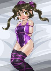 Rule 34 | 1girl, bdsm, black thighhighs, blush, bondage, bound, brown eyes, brown hair, checkered clothes, checkered swimsuit, competition swimsuit, hat, himekaidou hatate, looking at viewer, lying, one-piece swimsuit, open mouth, purple ribbon, purple one-piece swimsuit, ribbon, solo, swimsuit, tears, thighhighs, tokin hat, touhou, twintails, winn