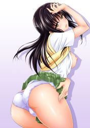 Rule 34 | 1girl, aoki kanji, ass, back, black hair, blouse, blush, breasts, clothes lift, commentary request, cowboy shot, gradient background, head tilt, kotegawa yui, long hair, looking at viewer, medium breasts, nipples, open clothes, open mouth, open shirt, panties, school uniform, shirt, skirt, skirt lift, solo, to love-ru, underwear, vest, white panties, white shirt