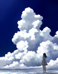 Rule 34 | 1girl, arms behind back, bad id, bad pixiv id, bare legs, barefoot, blue theme, brown hair, cloud, dress, from behind, long hair, original, shadow, sky, solo, standing, v-any