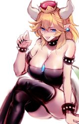 Rule 34 | 1girl, armlet, bare shoulders, black dress, black legwear, black nails, blonde hair, blue eyes, blue gemstone, borrowed design, bowsette, bracelet, breasts, cleavage, collar, crossed legs, crown, dress, earrings, fingernails, from side, gem, hair between eyes, half-closed eyes, highres, horns, invisible chair, jewelry, jingle23, large breasts, leotard, long fingernails, mario (series), nail polish, new super mario bros. u deluxe, nintendo, parted bangs, pointy ears, ponytail, sharp nails, sharp teeth, simple background, sitting, slit pupils, solo, spiked armlet, spiked bracelet, spiked collar, spikes, strapless, strapless dress, super crown, teeth, thighs, tongue, tongue out, turtle shell, upper teeth only, v-shaped eyebrows, white background