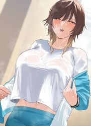 Rule 34 | 1girl, :o, absurdres, aketa mikoto, bettkan, blush, breasts, brown hair, collarbone, gradient hair, highres, idolmaster, idolmaster shiny colors, jacket, large breasts, light brown hair, looking at viewer, midriff peek, multicolored hair, pants, shirt, solo, steam, steaming body, sweatdrop, track jacket, track pants, undressing, wet, wet clothes, wet shirt, white shirt