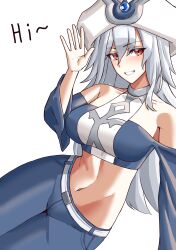 Rule 34 | 1girl, absurdres, bare shoulders, blue pants, blue shirt, breasts, commentary request, crop top, grey hair, grin, hand up, highres, large breasts, long hair, long sleeves, looking at viewer, midriff, navel, off-shoulder shirt, off shoulder, pants, pyeong-il pyeongil, red eyes, shirt, silent magician, simple background, smile, solo, stomach, thighs, very long hair, white background, yu-gi-oh!