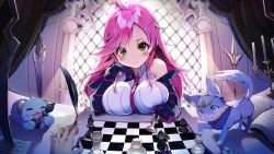 Rule 34 | 1girl, bare shoulders, battle academia (league of legends), battle academia katarina, blue eyes, board game, breasts, chess, chess piece, chessboard, hair over one eye, highres, katarina (league of legends), large breasts, league of legends, lips, long hair, pink hair, yuumi (league of legends)