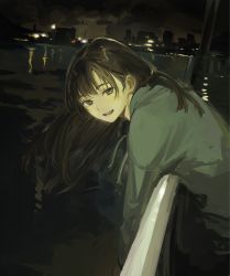 Rule 34 | 1girl, against railing, brown eyes, brown hair, city lights, feet out of frame, funabashi (iwzry), green hoodie, highres, hood, hoodie, leaning forward, against railing, long hair, looking at viewer, night, open mouth, original, outdoors, railing, smile, solo, water