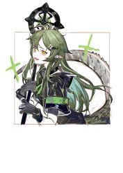 Rule 34 | 1girl, absurdres, ahoge, arknights, armband, black choker, black gloves, black jacket, border, breasts, chinese commentary, choker, crocodilian tail, eyelashes, gavial (arknights), gloves, green hair, hair between eyes, hair flaps, hair ornament, highres, hood, hooded jacket, jacket, long hair, looking at viewer, medium breasts, open mouth, orange eyes, pipidan, pointy ears, simple background, smile, solo, staff, tail, traditional media, upper body, white background