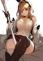 Rule 34 | 1girl, atelier (series), atelier ryza, atelier ryza 1, beret, blush, breasts, brown eyes, brown gloves, brown hair, brown thighhighs, cleavage, closed mouth, gloves, hair ornament, hairclip, hat, highres, holding, holding staff, jewelry, koruse, looking at viewer, medium breasts, navel, necklace, red shorts, reisalin stout, short hair, short shorts, shorts, simple background, sitting, sketch, smile, solo, staff, star (symbol), star necklace, thighhighs, thighs, white background, white hat, white thighhighs