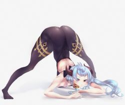 Rule 34 | 1girl, ahoge, artist request, ass, bare shoulders, blue hair, bodysuit, breast press, breasts, ganyu (genshin impact), genshin impact, goat horns, highres, horns, jack-o&#039; challenge, leotard, long hair, looking at viewer, pantyhose, purple eyes, shiny clothes, shiny skin, solo, top-down bottom-up, very long hair