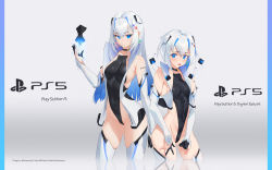 Rule 34 | 2girls, armpit crease, bare shoulders, black choker, black gloves, black leotard, blue eyes, blue hair, breasts, choker, covered navel, earrings, game console, gloves, groin, hair between eyes, highleg, highleg leotard, highres, jewelry, large breasts, leotard, long hair, looking at viewer, mhk (mechamania), mole, mole on breast, multicolored hair, multiple girls, original, partially fingerless gloves, personification, playstation 5, product girl, ps5 chan, short hair, sideboob, silver hair, simple background, small breasts, sony, standing, thighhighs, thighs, two-tone hair, vest