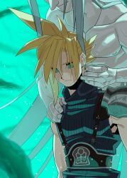 Rule 34 | 2boys, armor, belt, blonde hair, cloud strife, earrings, expressionless, final fantasy, final fantasy vii, green eyes, grey hair, hand on another&#039;s shoulder, highres, implied yaoi, jewelry, large belt, long hair, male focus, messy hair, multiple boys, partially obscured, pauldrons, sephiroth, short hair, shoulder armor, single earring, single pauldron, sleeveless, sleeveless turtleneck, slit pupils, smile, smirk, sub fan art, turtleneck
