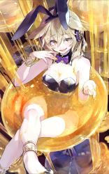 Rule 34 | 1girl, alternate costume, animal ears, bare shoulders, black leotard, bow, bowtie, bracelet, breasts, cleavage, cocktail glass, crossed legs, cup, detached collar, drinking glass, earmuffs, fake animal ears, hair between eyes, highres, honey, in container, jewelry, leotard, light brown hair, looking at viewer, medium breasts, medium hair, mini person, minigirl, playboy bunny, purple bow, purple bowtie, rabbit ears, sitting, smile, solo, syuri22, tongue, tongue out, touhou, toyosatomimi no miko, yellow eyes