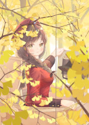 Rule 34 | 1girl, absurdres, artist name, autumn, beret, black hat, black ribbon, blurry, blurry foreground, braid, braided ponytail, branch, brown eyes, brown hair, closed mouth, commentary, commentary request, dated, day, depth of field, english commentary, ginkgo tree, girls und panzer, hair over shoulder, hair ribbon, hat, highres, jacket, light frown, long hair, long sleeves, looking at viewer, looking back, military, military uniform, mixed-language commentary, okawa2000, outdoors, red jacket, ribbon, rukuriri (girls und panzer), signature, single braid, solo, st. gloriana&#039;s military uniform, tank cupola, uniform